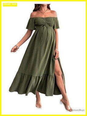 Maternity Off Shoulder Maxi Dress Split Ruffle Hem Baby Shower